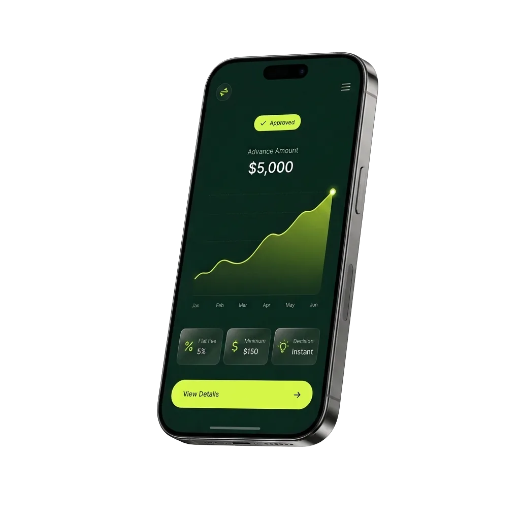 Gatsby app showing an approved $5,000 advance amount